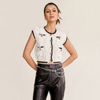 Ivory Frayed Button-Up Contrast Trim Cropped Knit Top