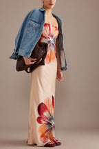 Charming ladies strapless waist cinching satin printed lace up loose long dress