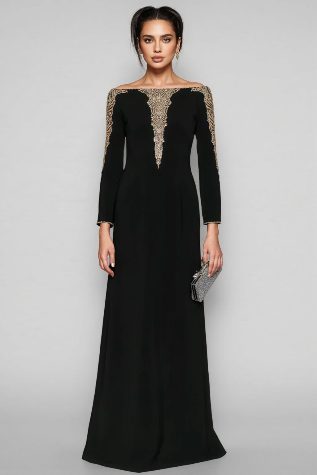 Iontk Black Beaded Diamond Mesh Maxi Dress
