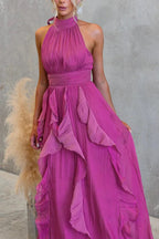 Coral Textured Metallic Chiffon Material High Tie Neck Ruffles Maxi Dress