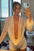 Plunge Neck Cutout Lace Sleeve Bodysuit Shorts Set
