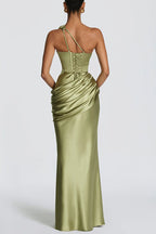 Emina Satin One Shoulder Asymmetrical Neck Cutout Back Lace-up Drape Maxi Dress