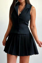 Two Piece Cropped Vest Pleated Skirt Set