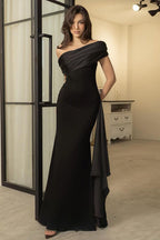 Elegant OneShoulder Tulle Sash Slim Fit Black Long Formal Dress