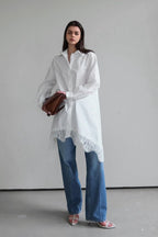 Soft Ruffled Lace Asymmetric Shirtdress Long Sleeve Mini Dress