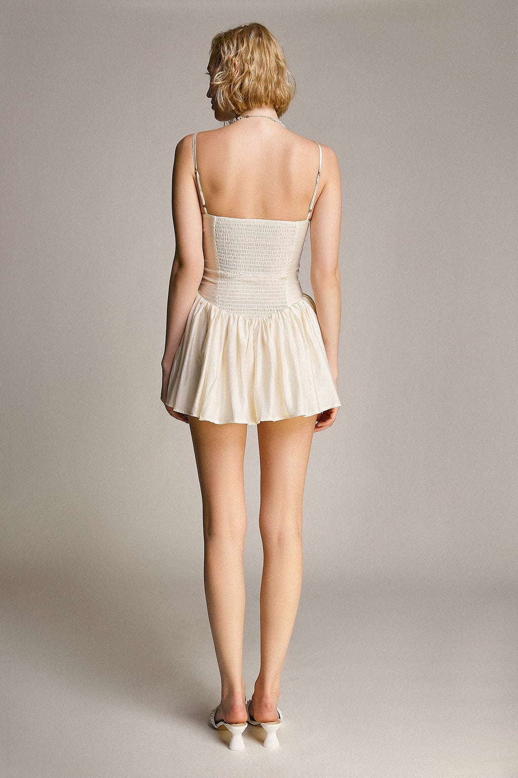 Ivory Ruched Sweetheart Neck Spaghetti Strap Mini Dress