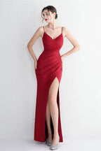 Long Satin Slit Halter Sheath Formal Dress