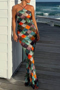 Fish Scale Color-Patchwork Halter Neck Mermaid Maxi Dress