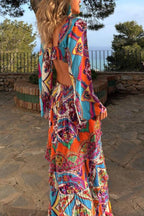 Colorful Day Unique Print Bell Sleeve Cutout Waist Layered Maxi Dress