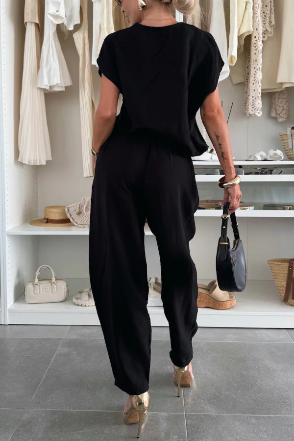 Linen Blend Solid Color V-neck Short-sleeved Top and Elastic Waist Pocket Bloomers Pants Set