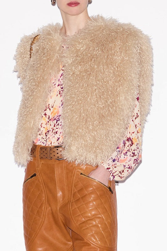 Halter Cut Out Back Shearling Collar Vest