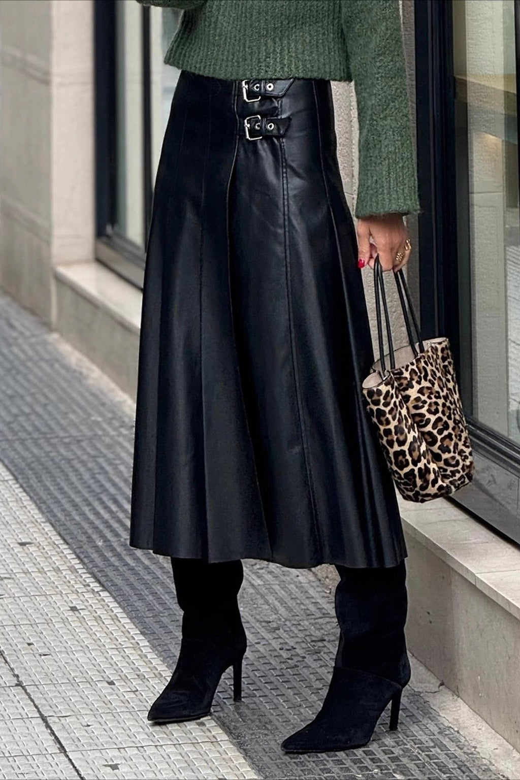 PU Leather Shirred A-Line Skirt