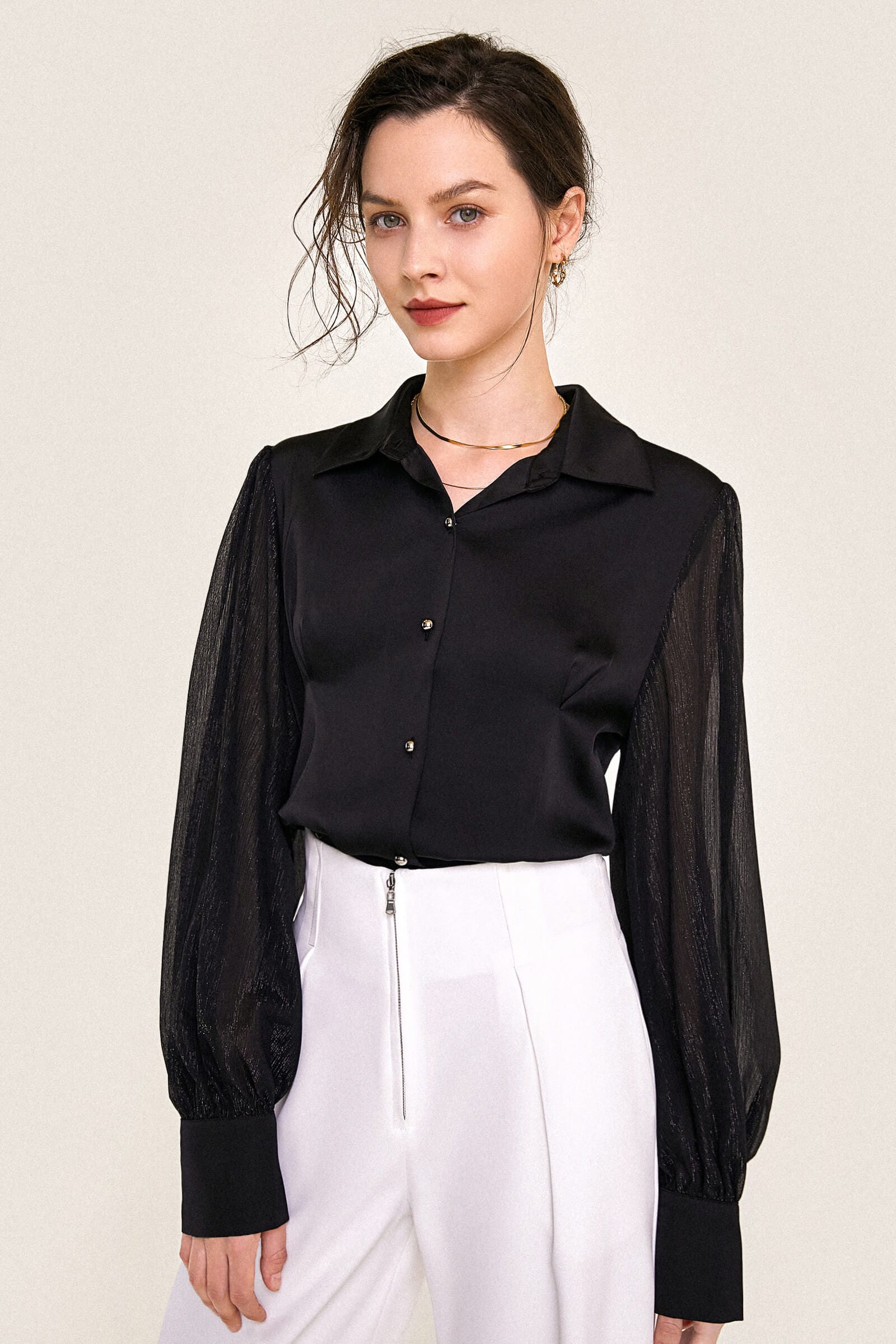 Black Button-Up Balloon Sleeve Satin Shirt