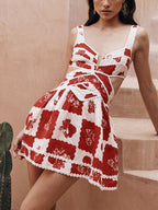 Floral Decorative Unique Print V - Neck Hollow A - Line Mini Dress