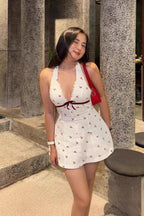 Cherry Button Backless Halter Mini Dress