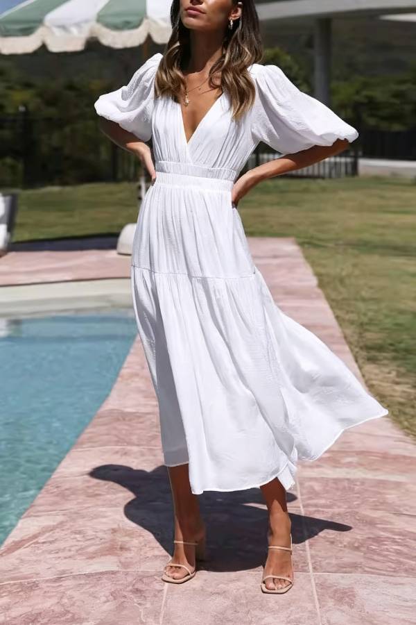 V-neck Puff Sleeve Elastic Waist Tiered Maxi Dress