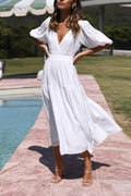 V-neck Puff Sleeve Elastic Waist Tiered Maxi Dress