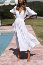 V-neck Puff Sleeve Elastic Waist Tiered Maxi Dress