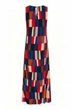 Retro Chic Linen Blend Colorful Color Block High Round Neck Sleeveless Maxi Dress