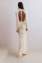 Long-Sleeve Ruched Color-Block Cutout Waist Slim Party Dress
