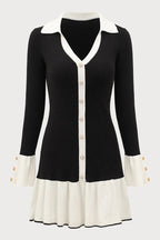 Stylish Color-blocked Long-sleeved Button-decorated Knitted Mini Dress