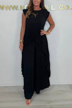 Round Neck Solid Sleeve Top Pleated Straight Pants Two-piece Set