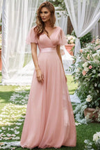 V Neck Mesh Elegant Ruffle Long Reception Dress