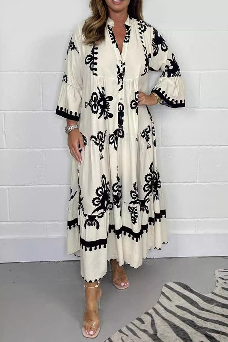 Floral Print Band Collar Waist Cinching Elegant Boho Dress