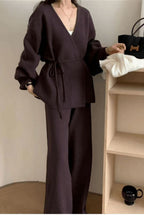 Loose Belted Knit Cardigan Wide-Leg Pants Two Piece Set