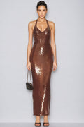 Oriond Brown Backless Sequin Maxi Dress