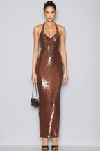 Oriond Brown Backless Sequin Maxi Dress