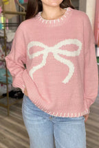 Slouchy Bow Jacquard Loose Pullover Sweater