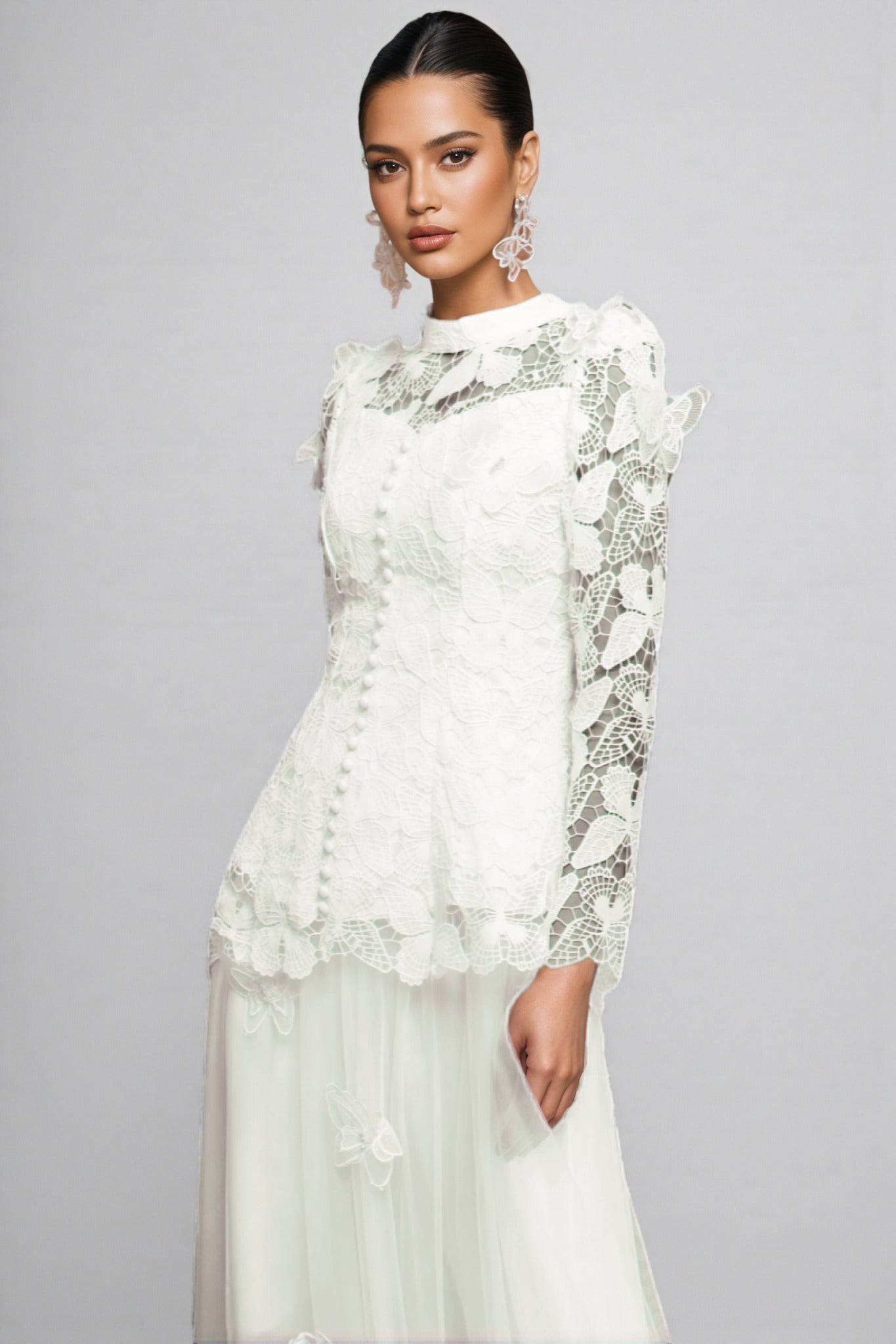 Greetk Folds Lace Butterfly Top Maxi Dress Two-Piece Set