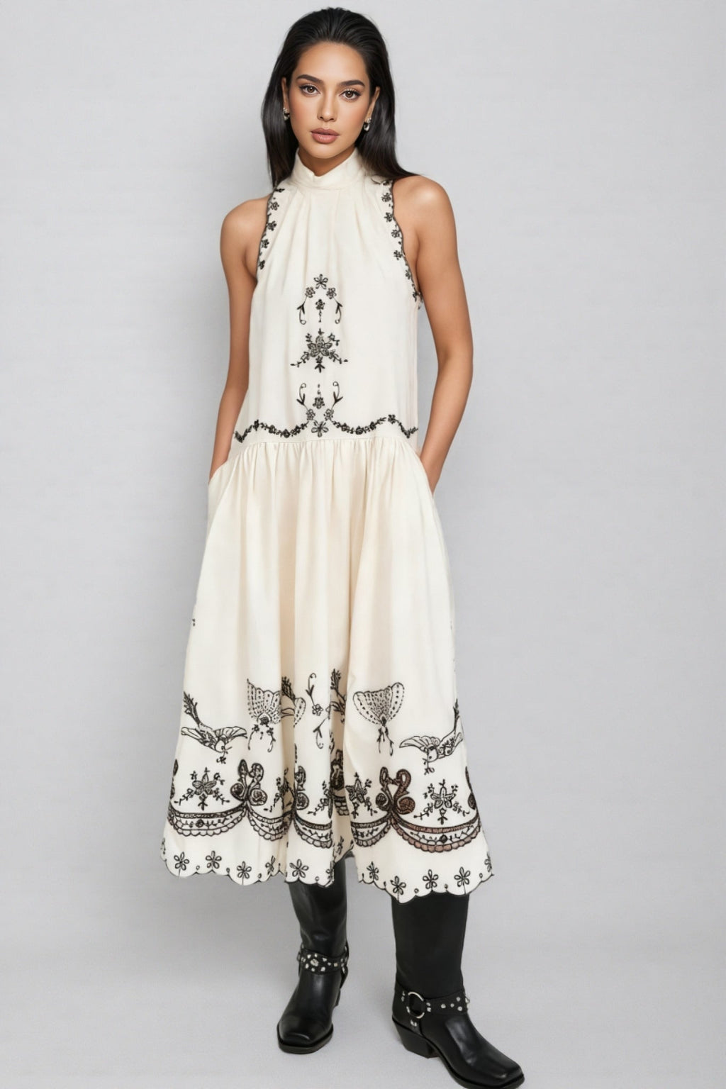 Virginsa Embroidery Tank Midi Dress