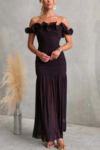 Solid Color Off-shoulder Pleated Backless Slim-fit Elegant Mesh Maxi Dress