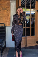 Button Front Floral Long Sleeve Blouse Skirt Set