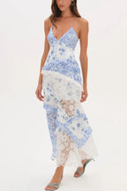 Fashionable Floral Print Lace Patchwork Hollow-out Slim Fit Vacation Ruffle Maxi Dress