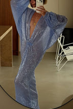 Modern Elegance Sequin Sheer Long Relaxed Sleeve Ruched Drape Maxi Dress