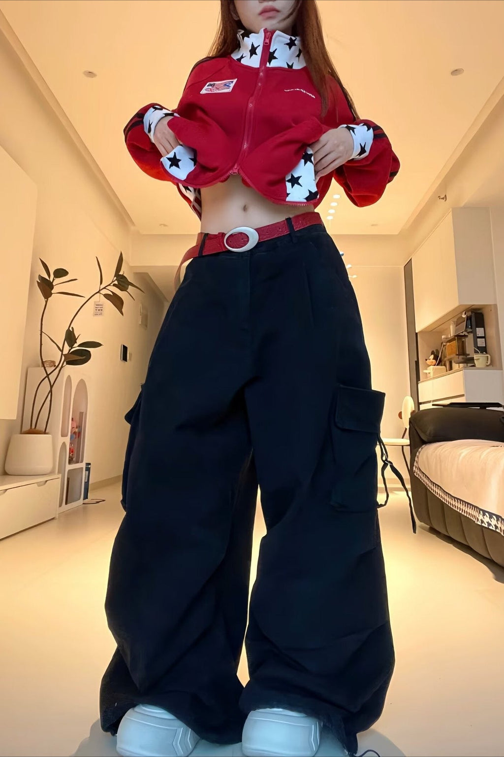 Letter Print Cargo Wide Leg Jeans