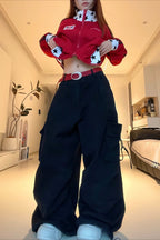 Letter Print Cargo Wide Leg Jeans