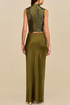 Keep Polished Satin High Rise Bias Cut Drape Maxi Skirt