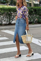Vintage purple floral print loose-fitting knit top