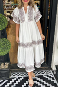 Geometric print patchwork V-neck A-line short-sleeved dress