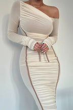Diagonal Collar Mesh Midi Dress