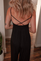 Black Spaghetti Strap Open Back Pleated Wide Leg Jumpsuit