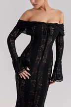 Floral Lace Off Shoulder Flare Sleeve Fishtail Maxi Dresses-White
