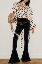 Chrissa Satin Polka Dot Print Lace Trim Tie-up Neck Balloon Sleeve Loose Blouse