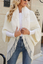 Fashionable Fur Collar Tassel Hem Knitted Shawl Cape