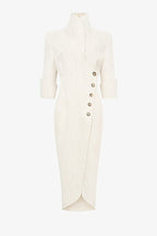 Elegant Look Linen Blend Stand Lapel Neck Half Sleeve Side Button Midi Dress