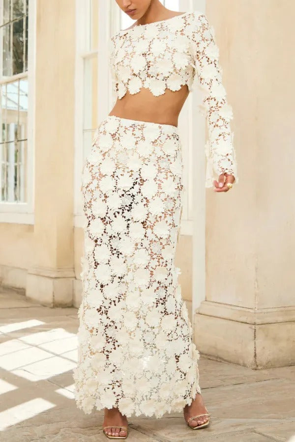 Stylish Long-sleeved Backless Lace Top and Elegant Openwork Maxi Fishtail Skirt Set